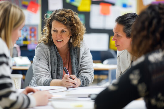 A group of teachers sitting around a table planning curriculum. Sourced from Adode Stock Images.